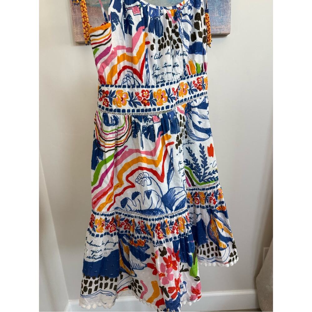 NEW FARM Rio Wild Brazil Mini Dress Botanical Print Beaded Tie Shoulder Small - Picture 4 of 6